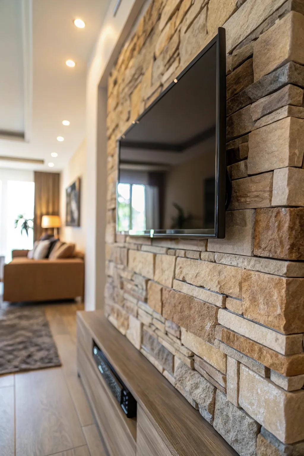 Textured walls introduce dimension to this TV wall.