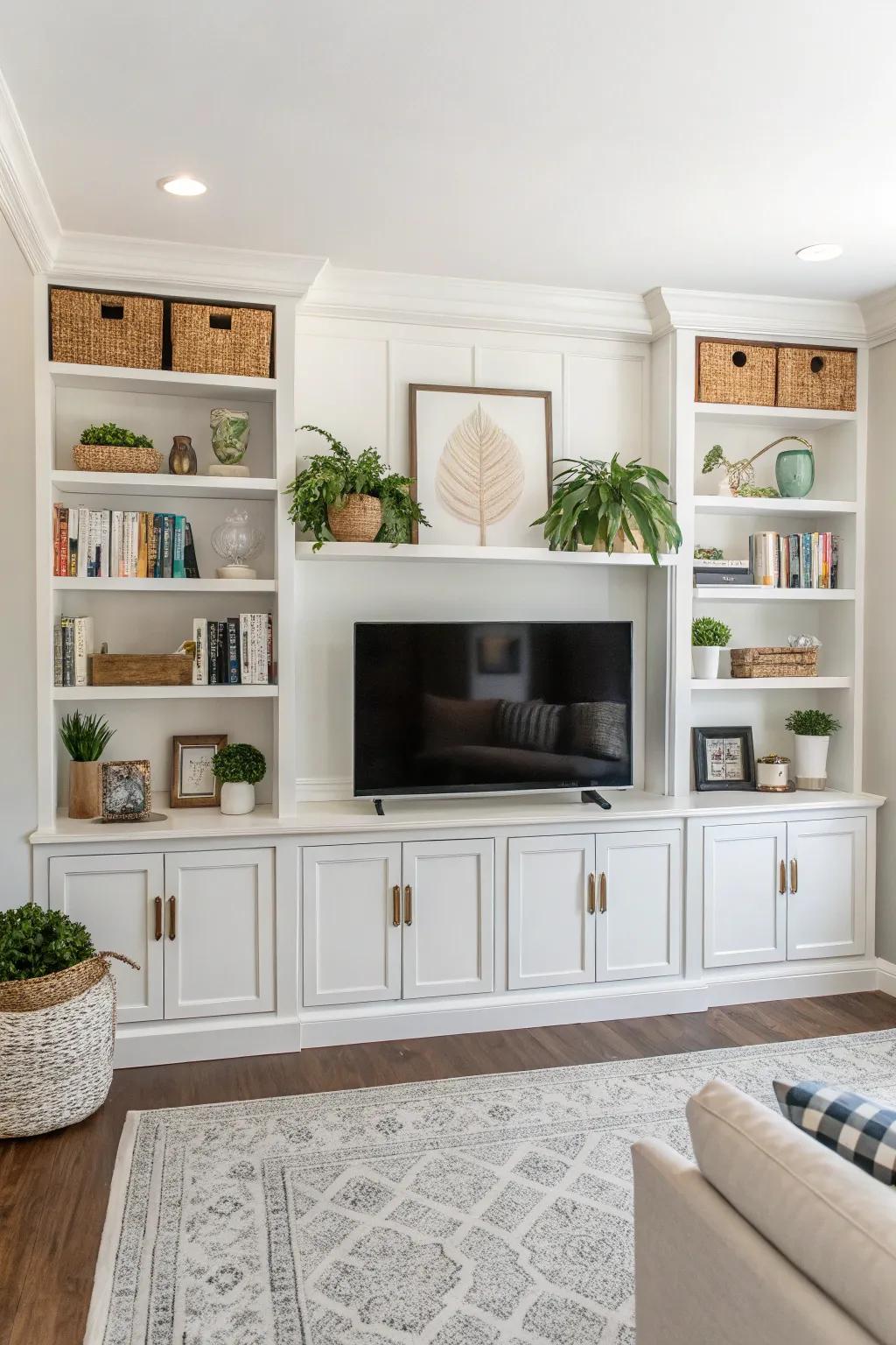 Balance and symmetry characterize this sophisticated TV wall design.