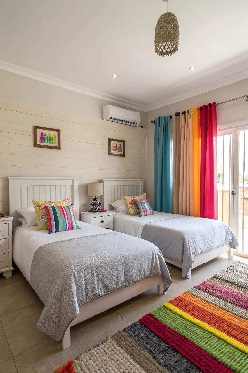 A mix of neutral tones and vibrant accents in a twin bedroom.