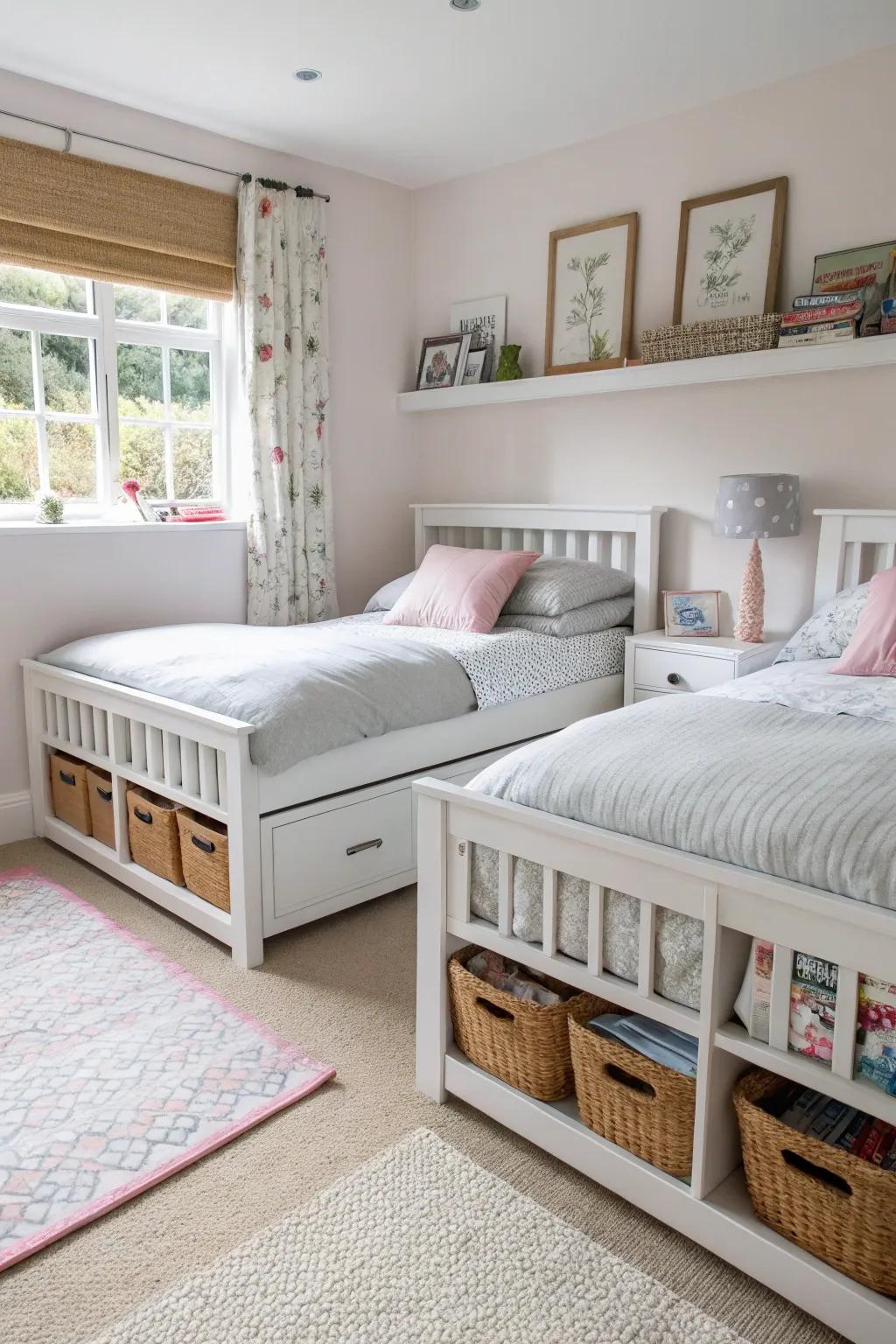 Efficient storage solutions maintain the room organized and free of clutter.