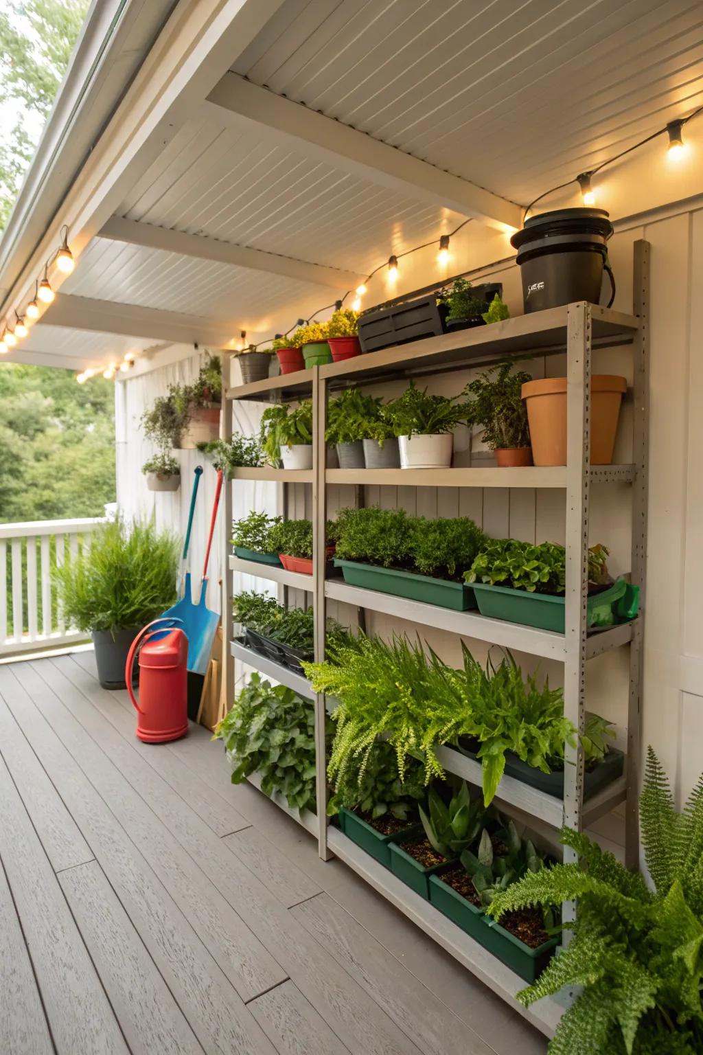 Integrated shelves provide a functional and decorative solution for under-deck storage.