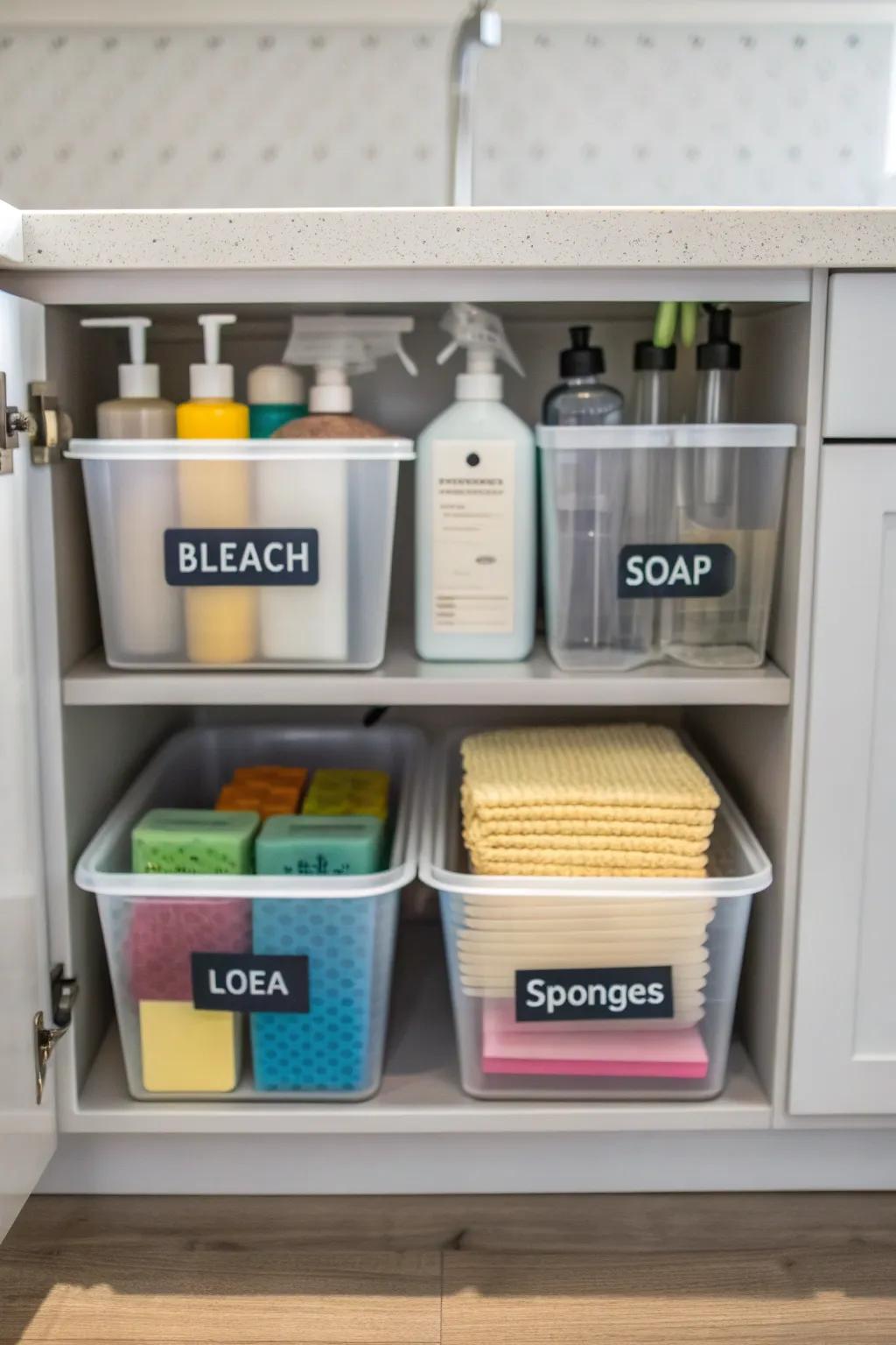 Sorting items into bins makes organizing simple and effective.