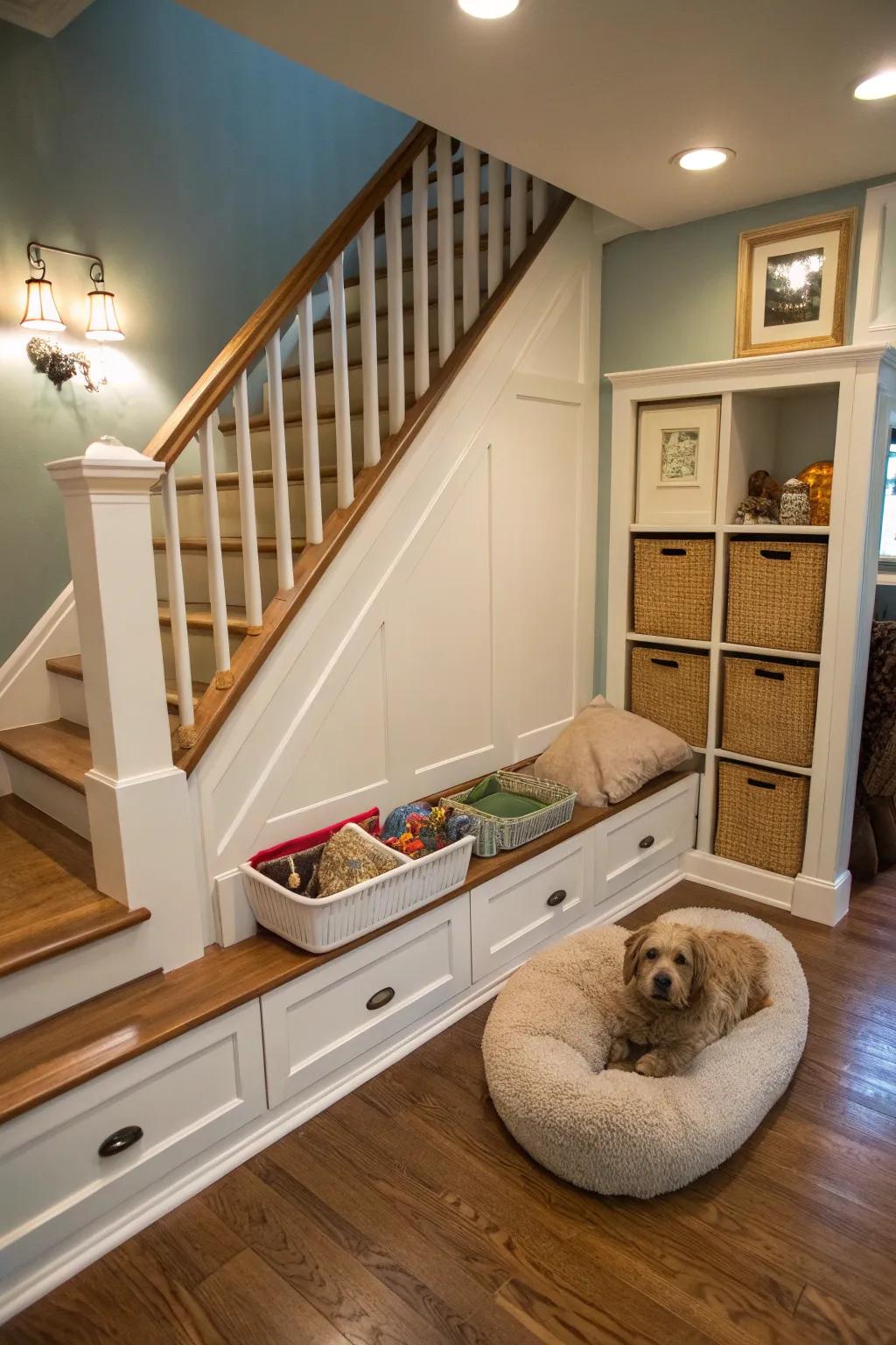 A cozy pet hideaway beneath the stairs for your four-legged companions.