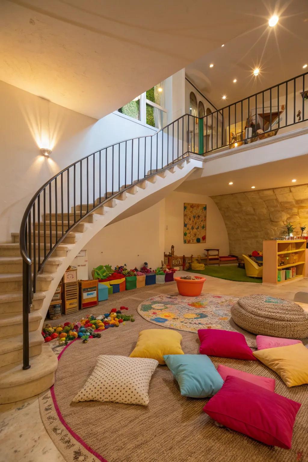 A whimsical play spot for children nestled under the stairs.