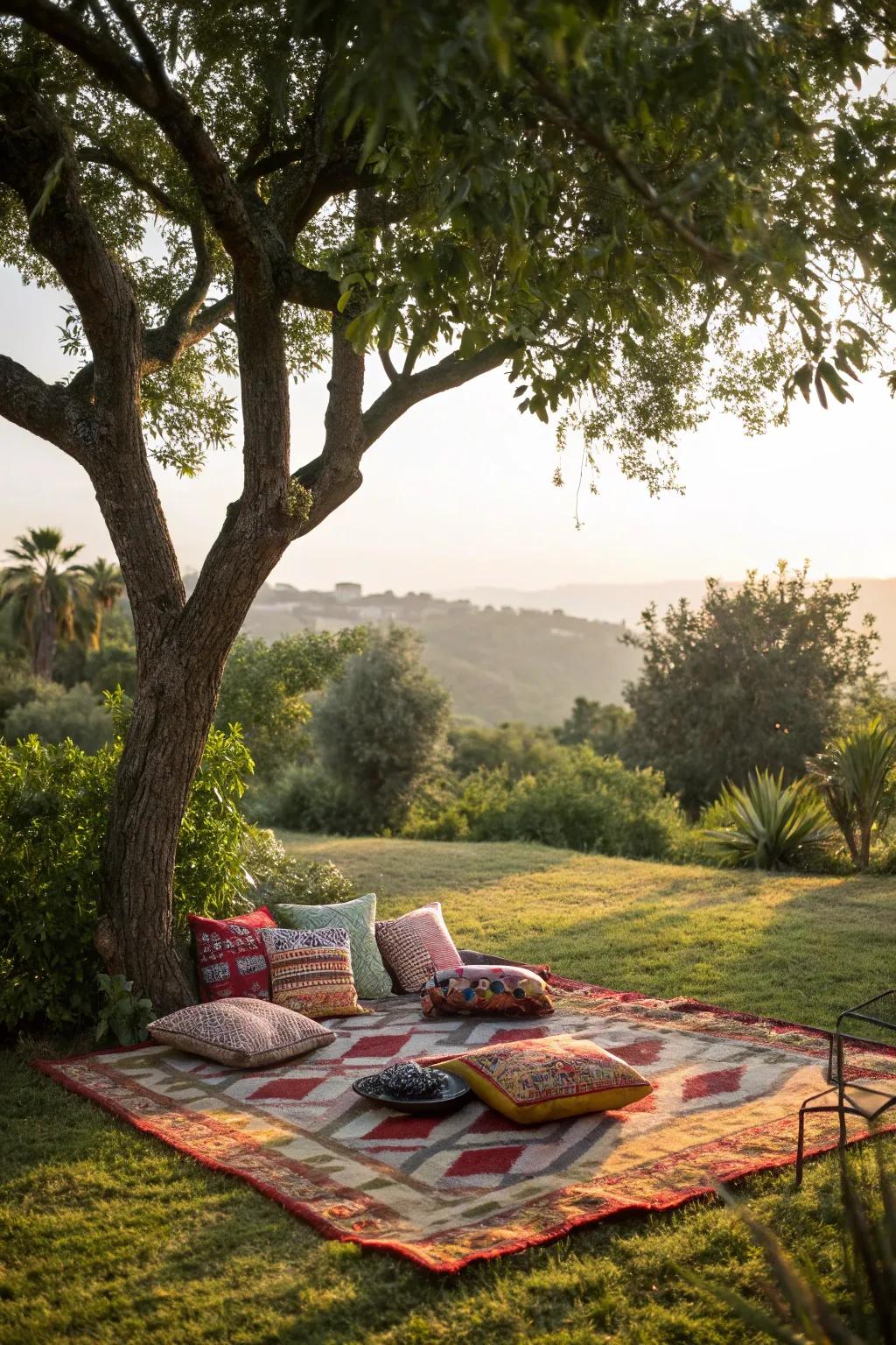 An outdoor textile adds comfort and flair to your tree-side haven.