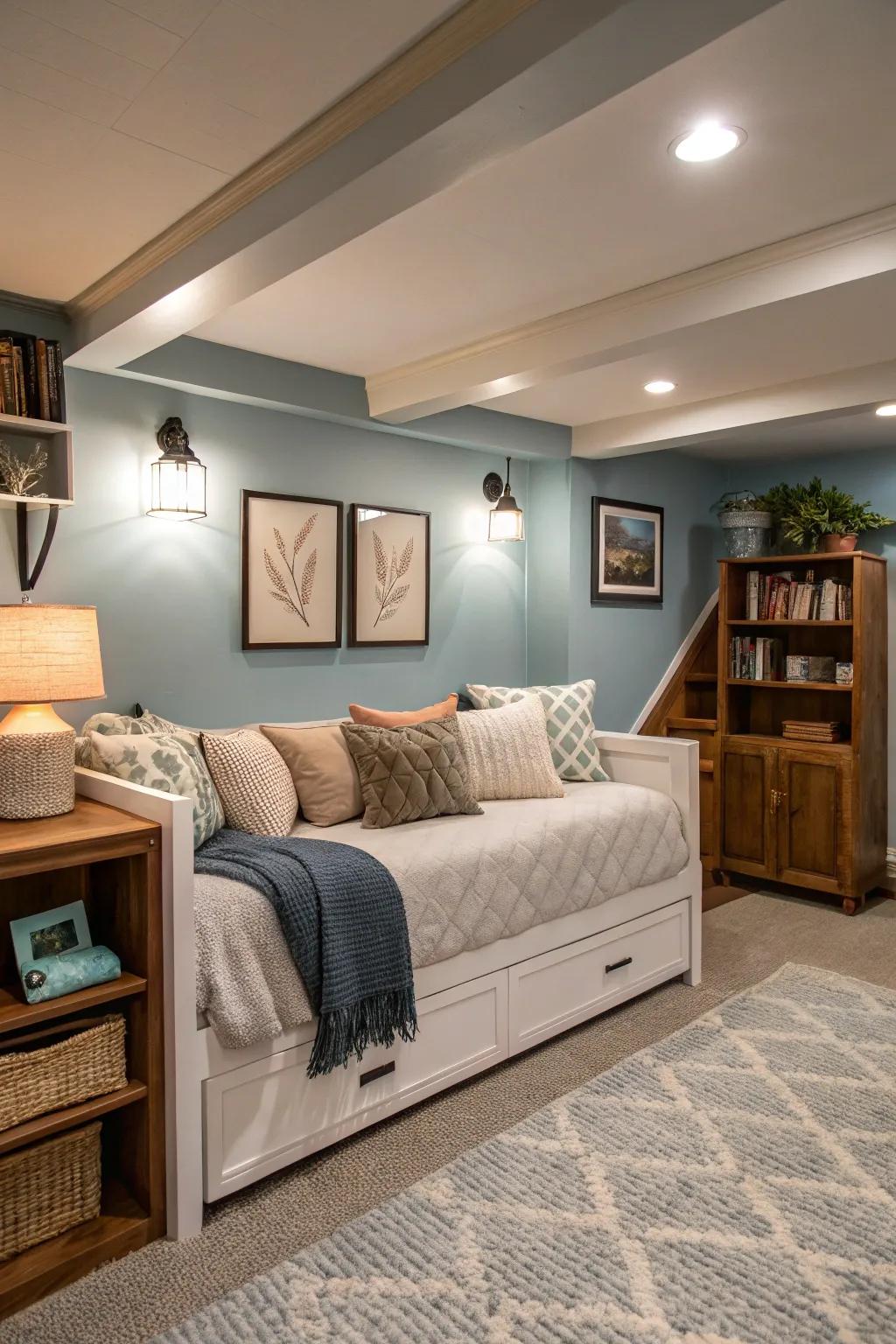 Adaptable furniture can maximize practicality in your basement bedroom.