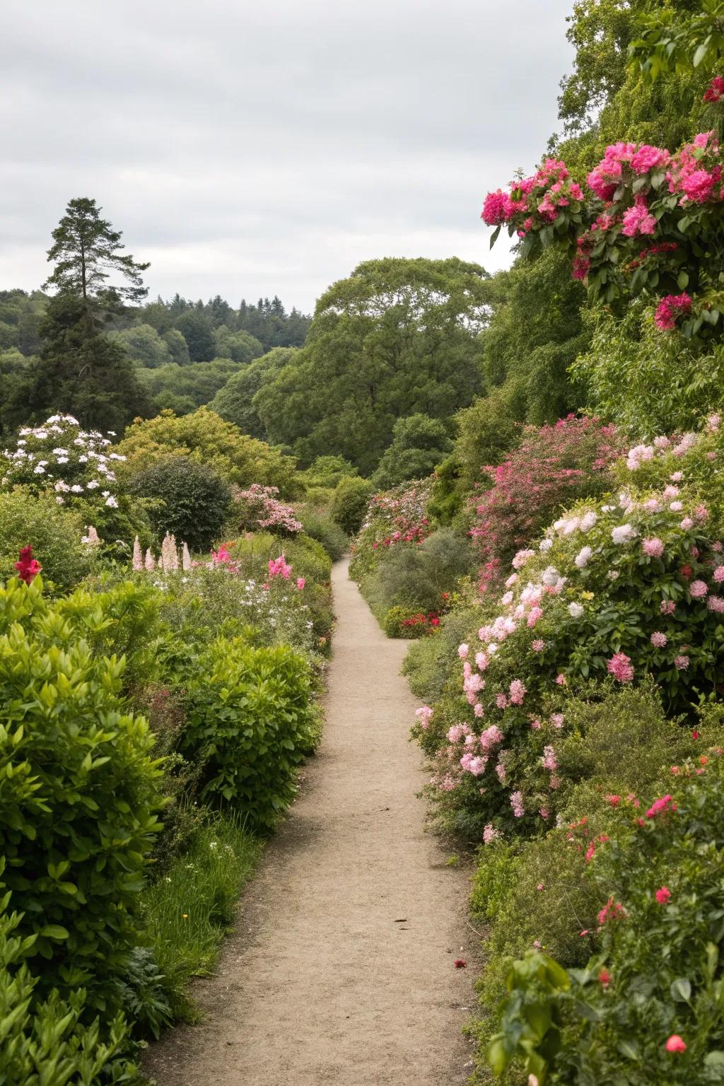 Pathways integrated with flora present a balanced relationship with nature.