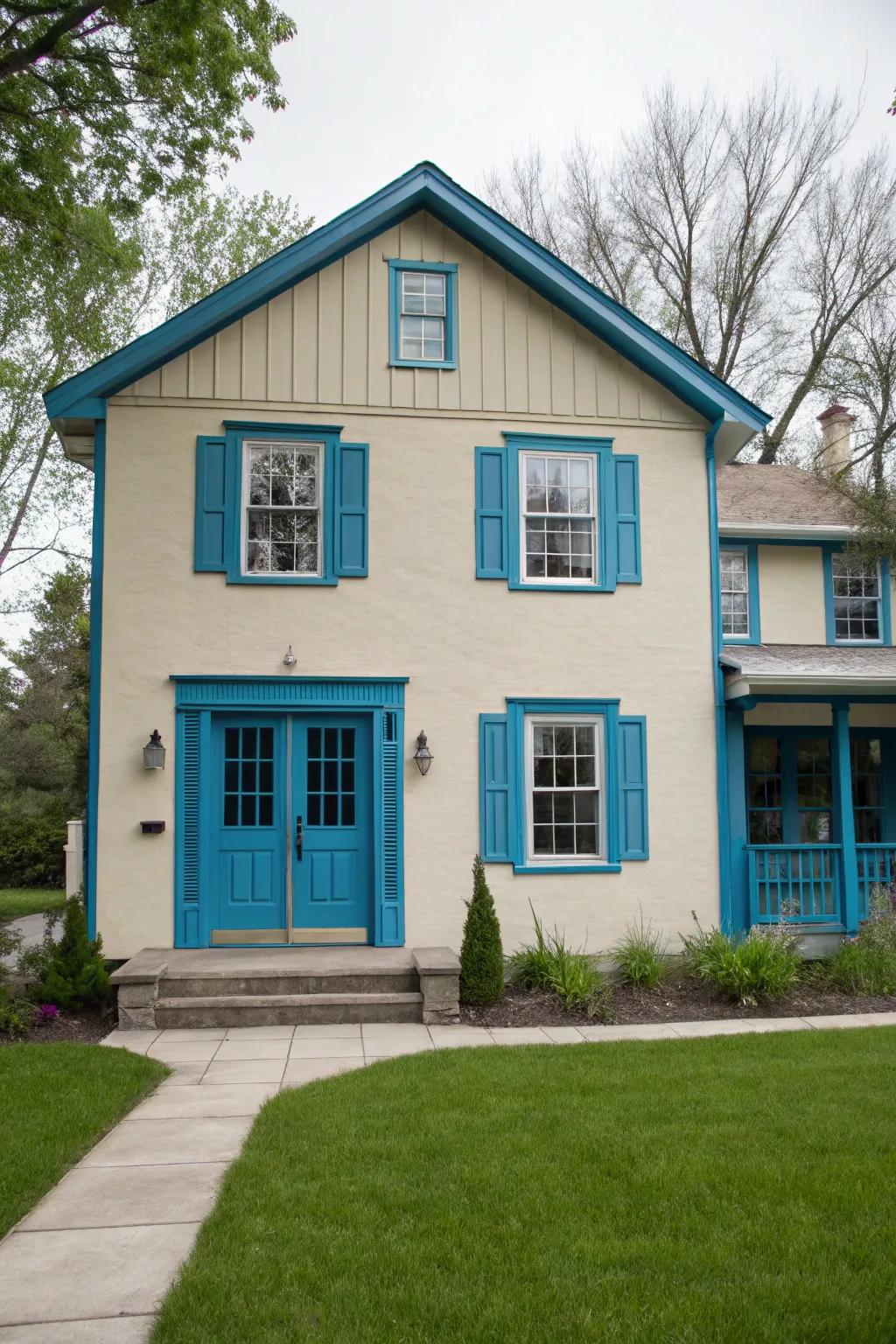 A house with contrasting trim that accentuates its architectural features.