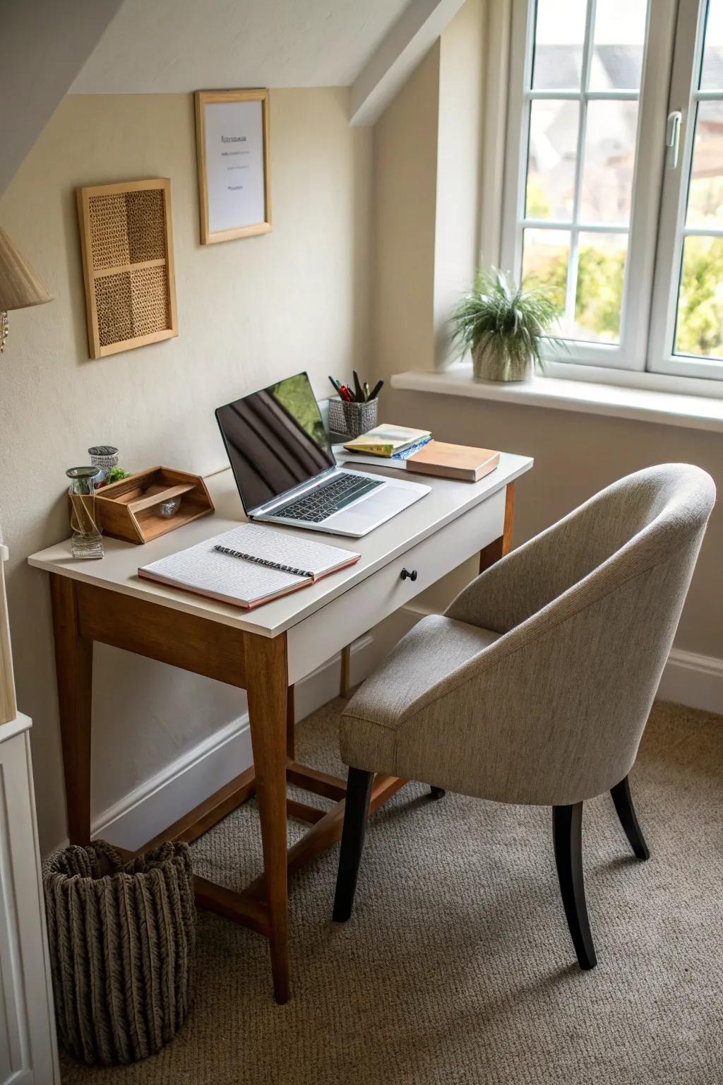 A functional workspace on the upstairs landing maximizes usability.