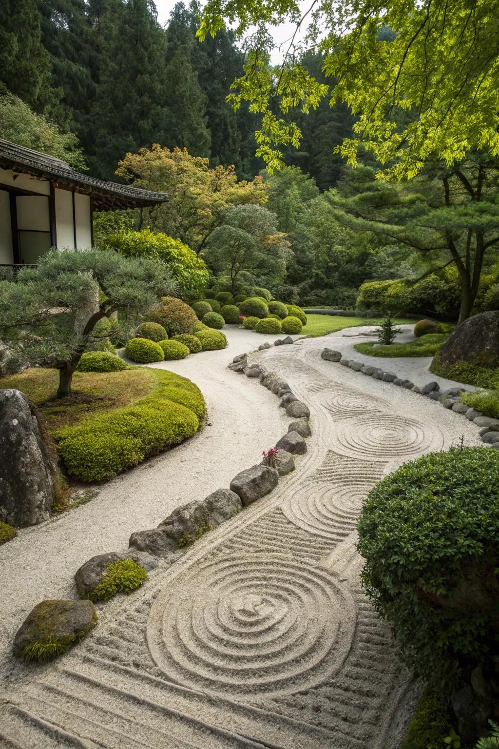 Achieve balance and tranquility with Japanese garden elements using sand.