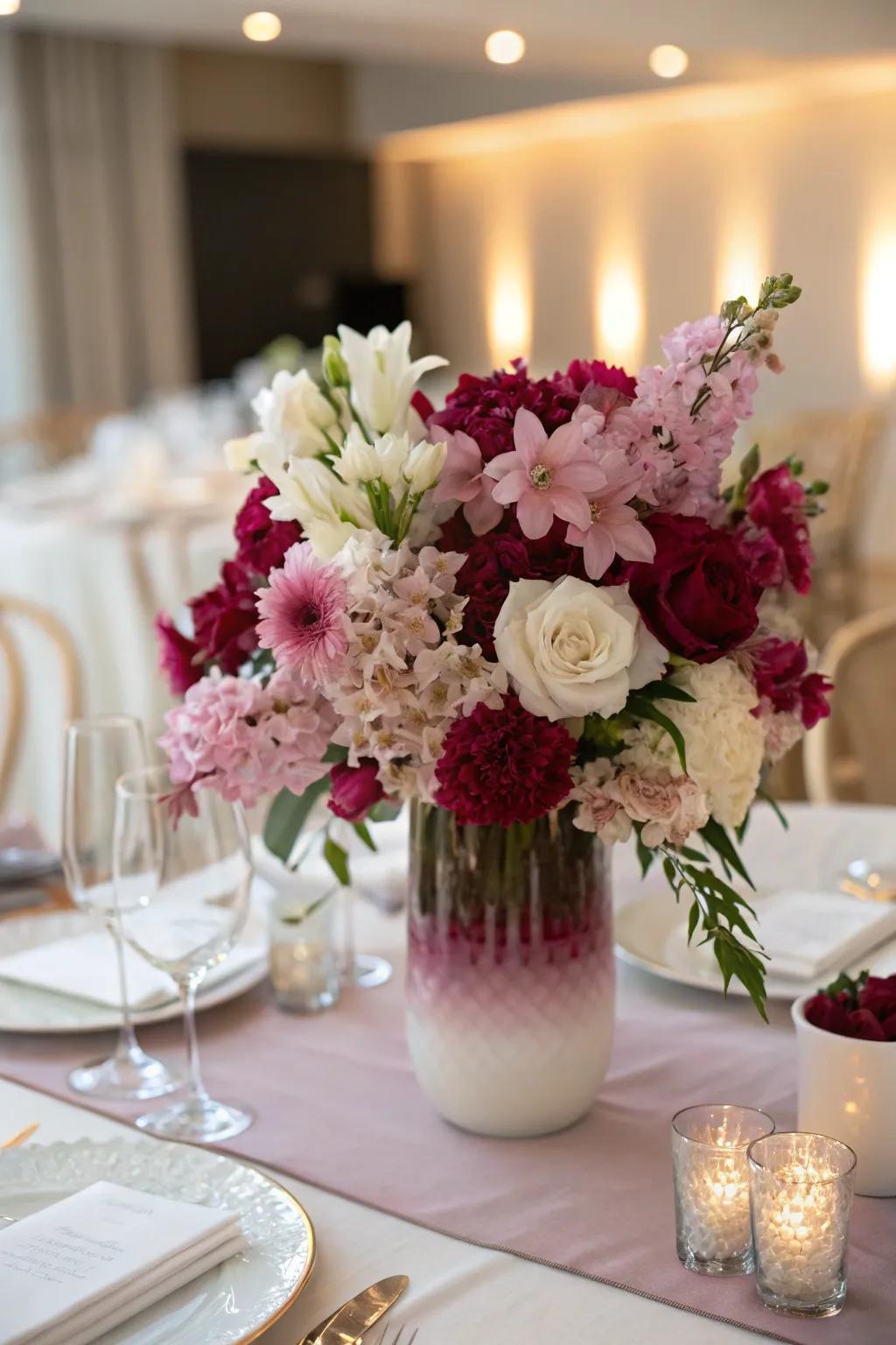 A gradient floral centerpiece is a visual masterpiece.