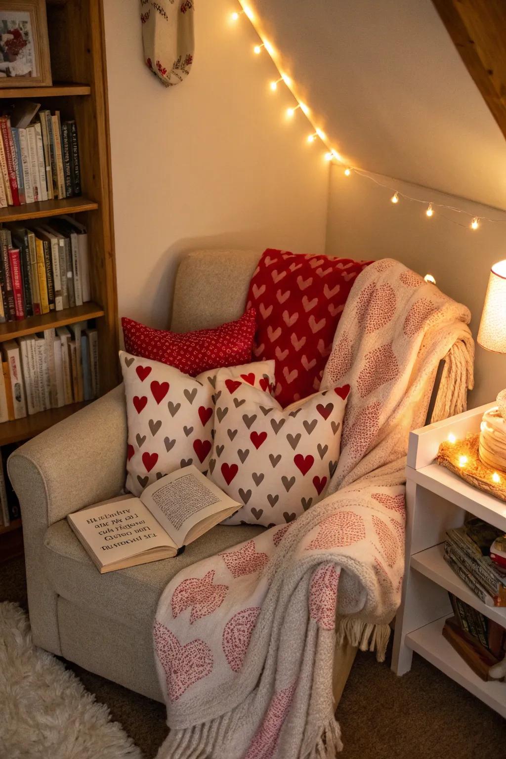 Cozy reading nook enhanced with Valentine's accents