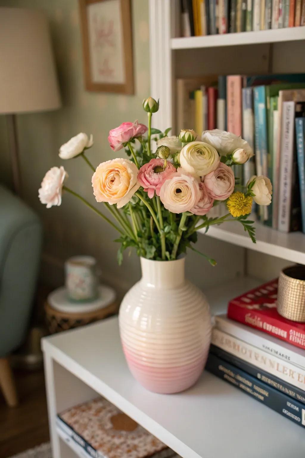 Delicate button flower bouquet adding charm to a living room.