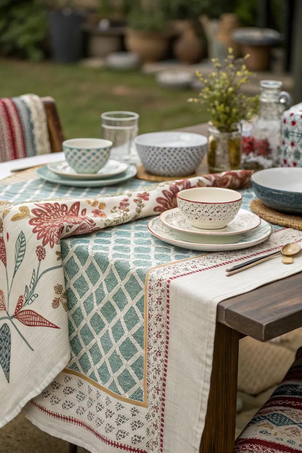 Mixing patterns and textures makes for a vibrant table setting.