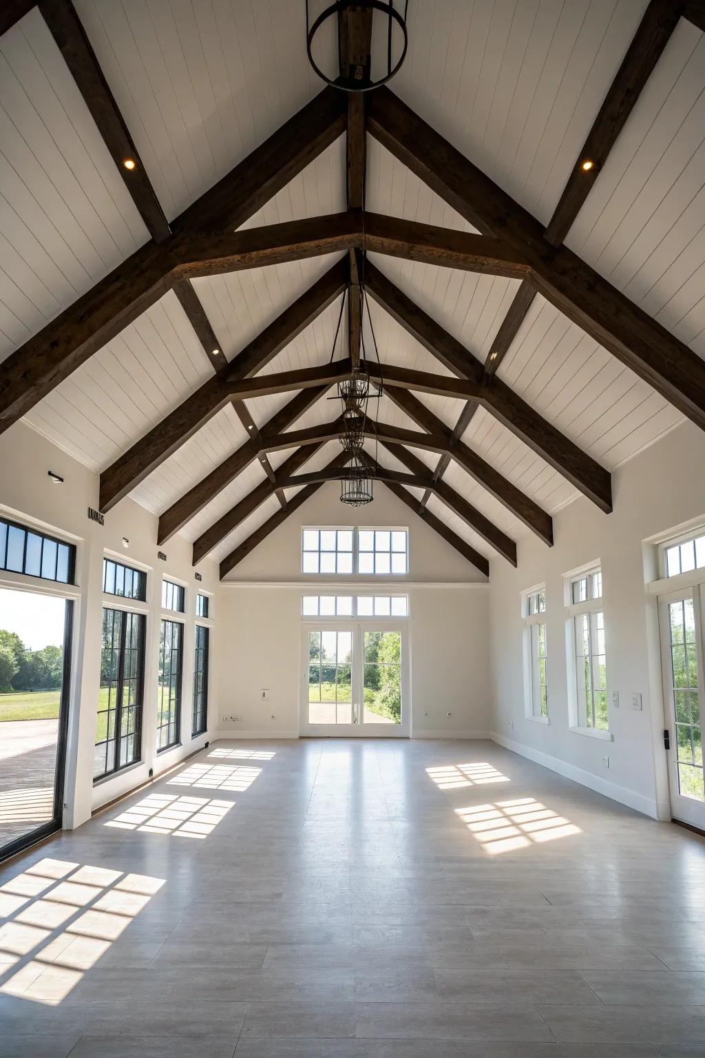 Striking contrast achieved with deep colored beams, establishing a prominent focal feature.
