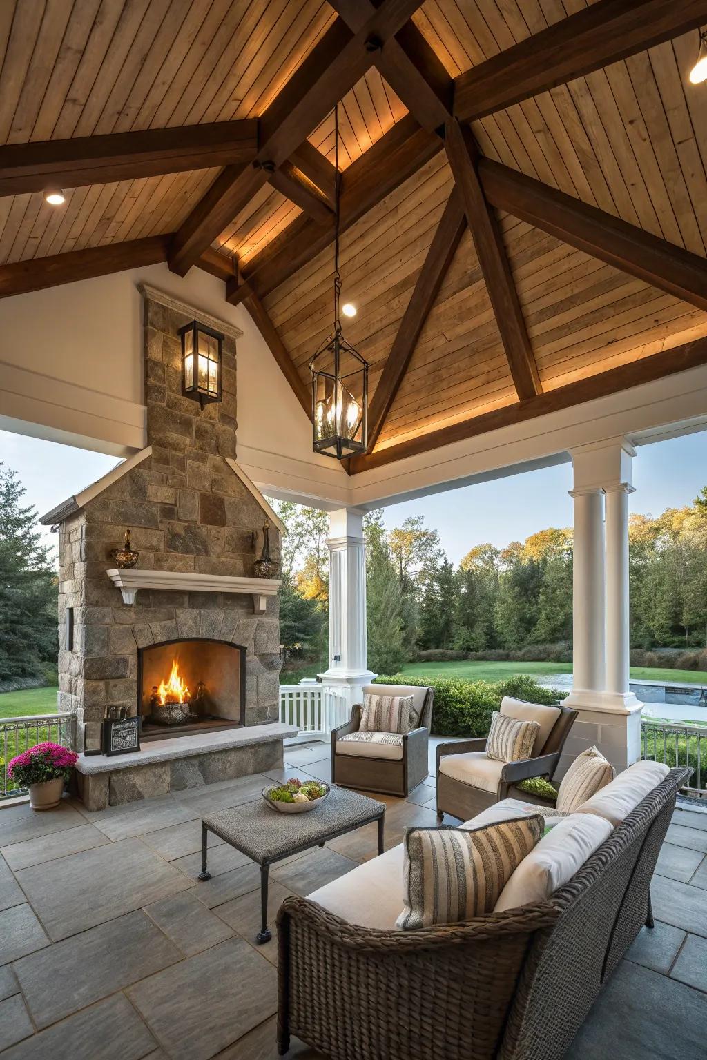 Cozy up your porch with a fireplace.