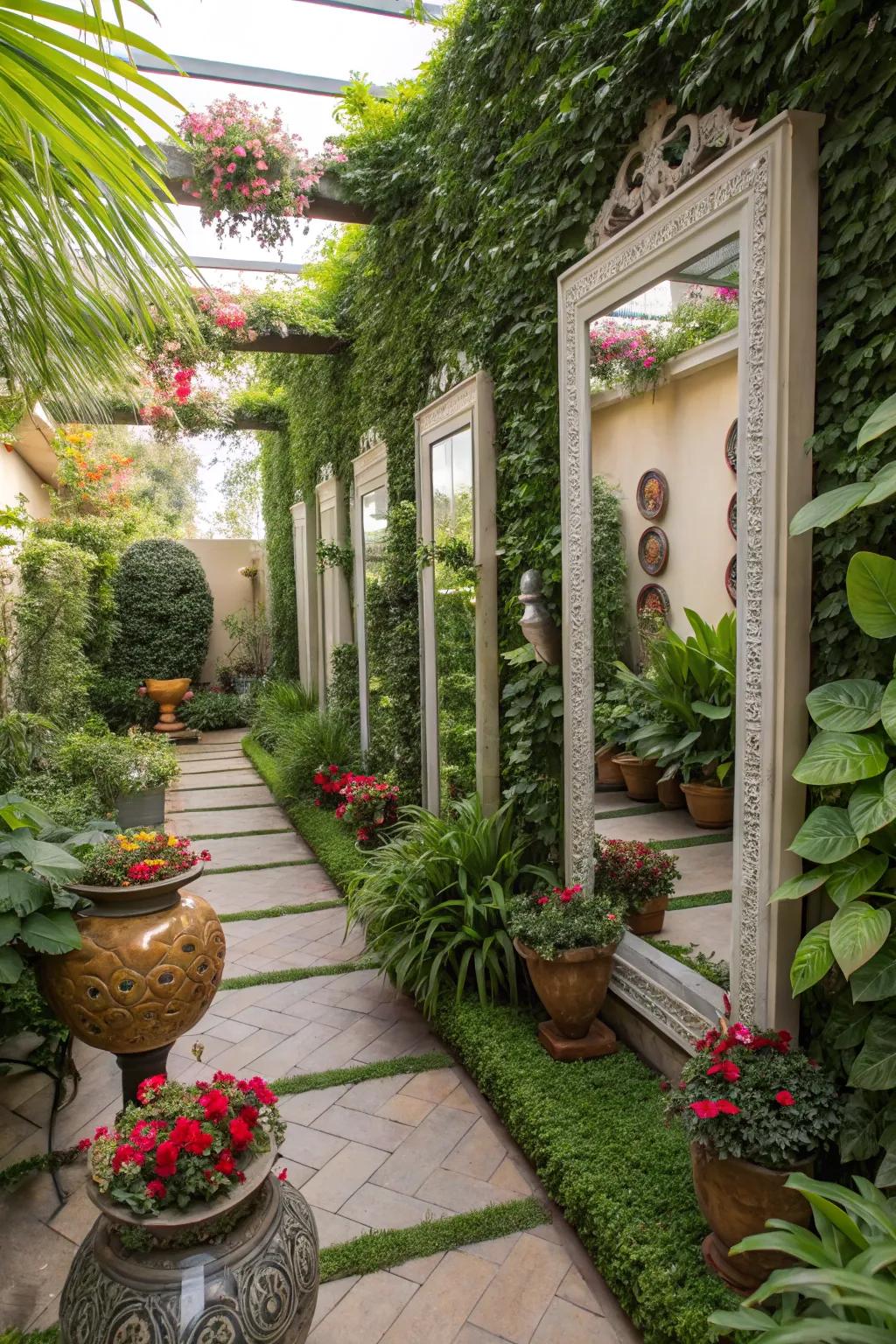 Mirrors and art enhancing depth in a vertical garden.