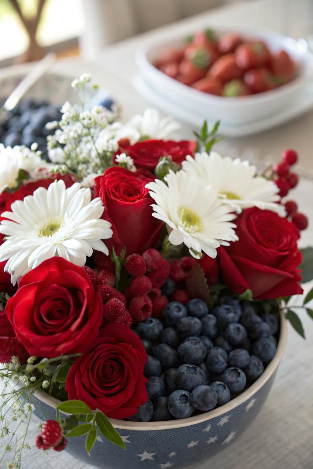 An edible centerpiece featuring berries and blooms.