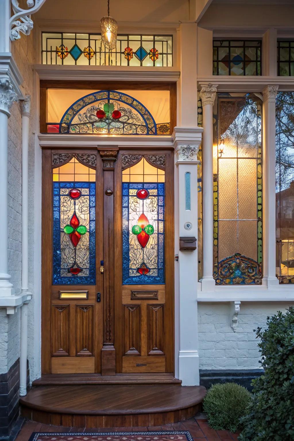 Stained glass inserts introduce color and light to this Victorian door.