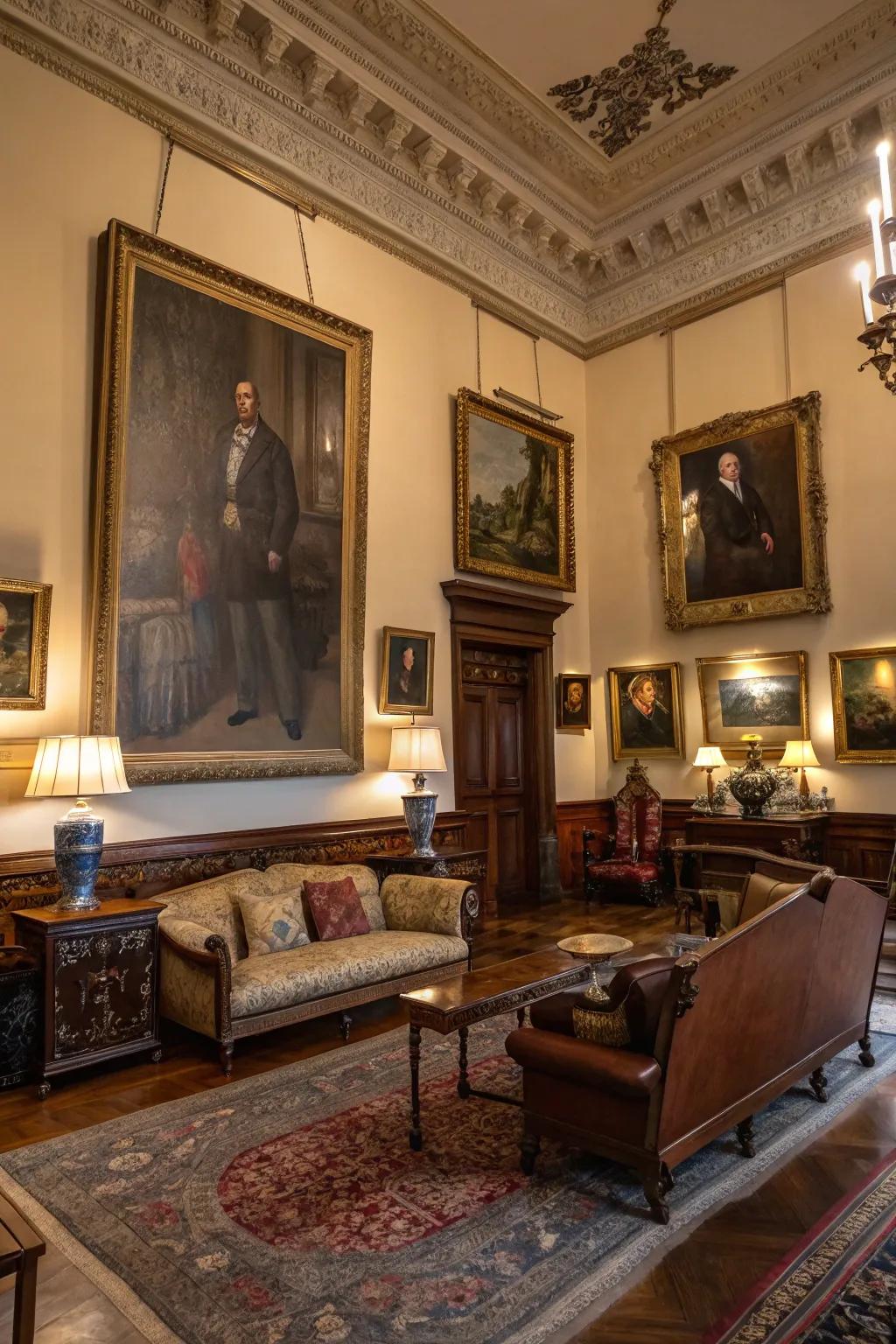 Classic portraits and paintings introduce a cultured charm to the living space.