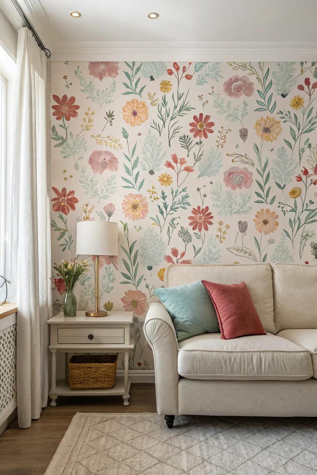 Floral wallpaper creates romantic touch.