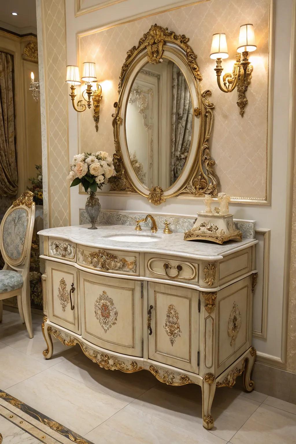 Queen Anne and Gallic influences add a majestic touch to antique vanities.