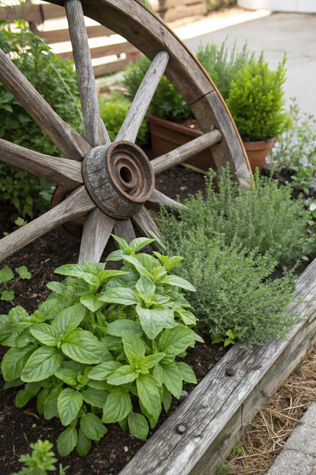 A cart wheel organizing an herb garden into neat sections for easy access.