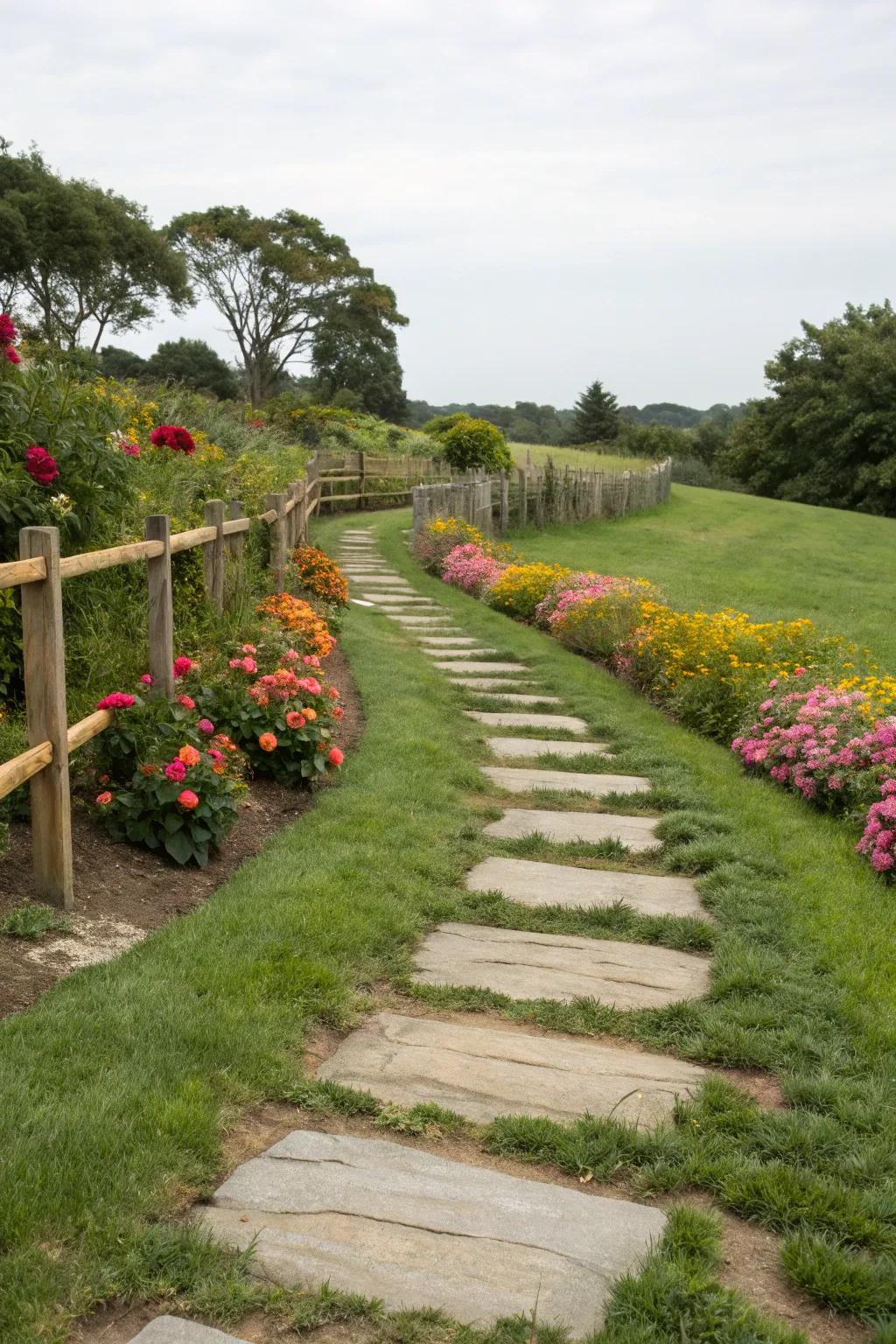 Grass and stone walkways create a harmonious garden look.