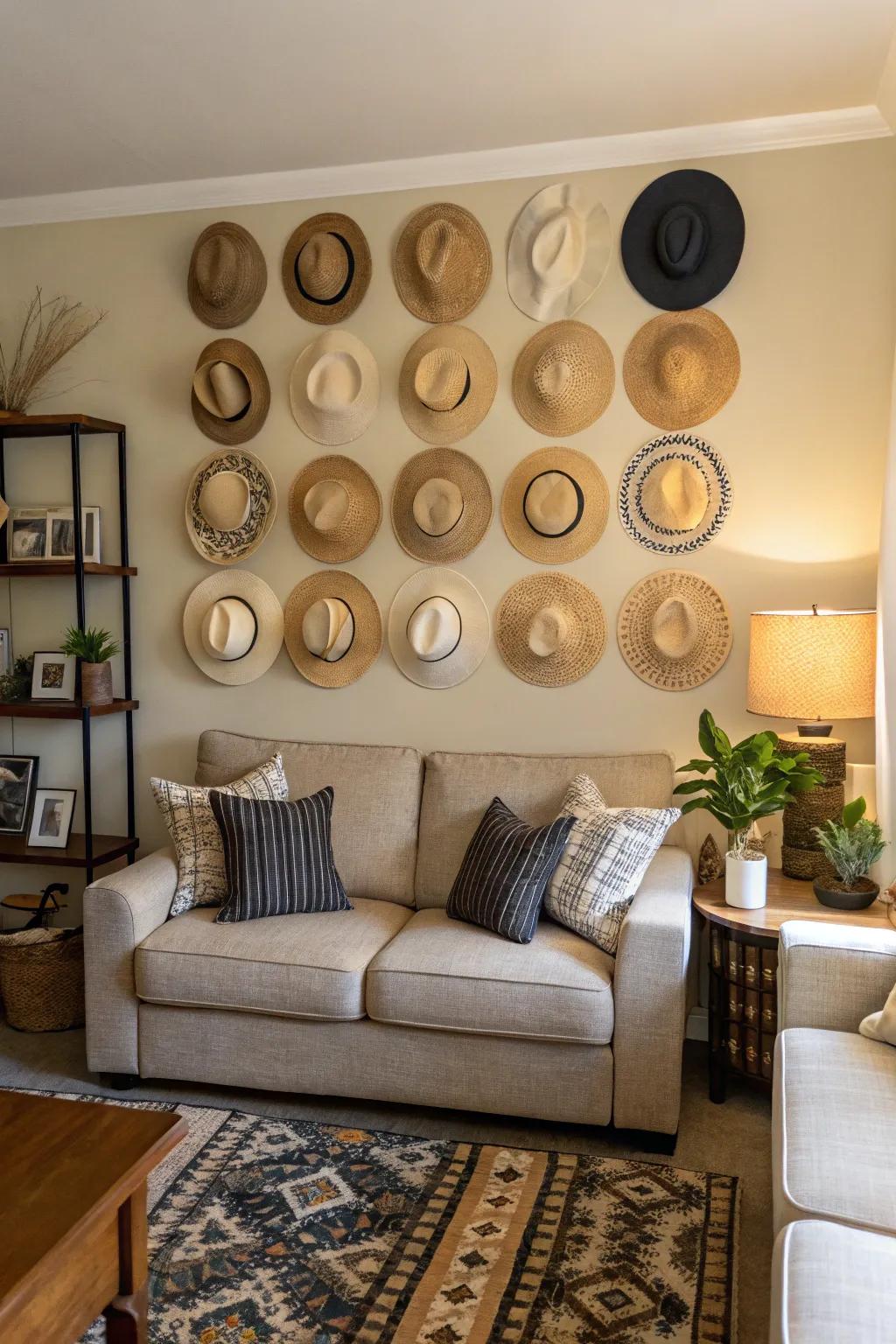 A symmetrical hat display providing a balanced look