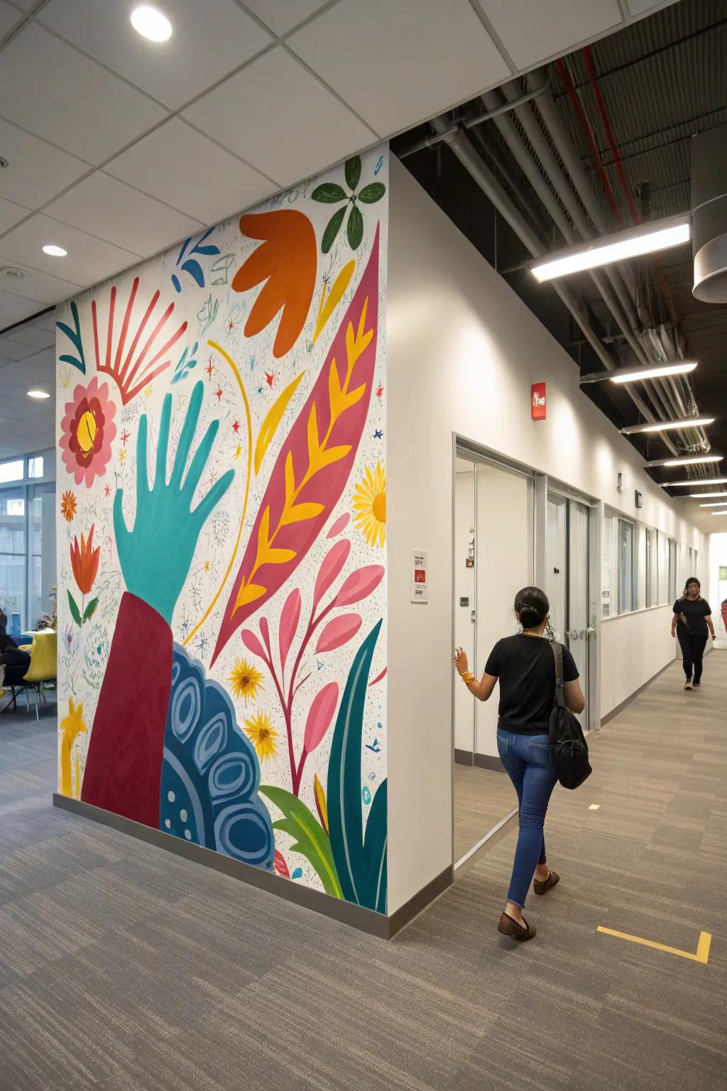 An abstract mural inspires creativity in a workspace.