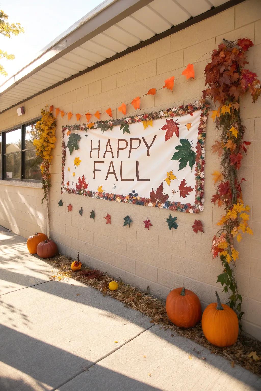 Seasonal decorations displayed on a school wall