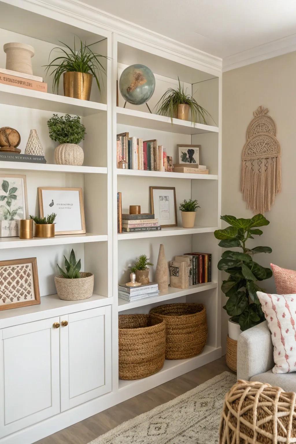 Establish visual harmony through color-coordinated shelves.