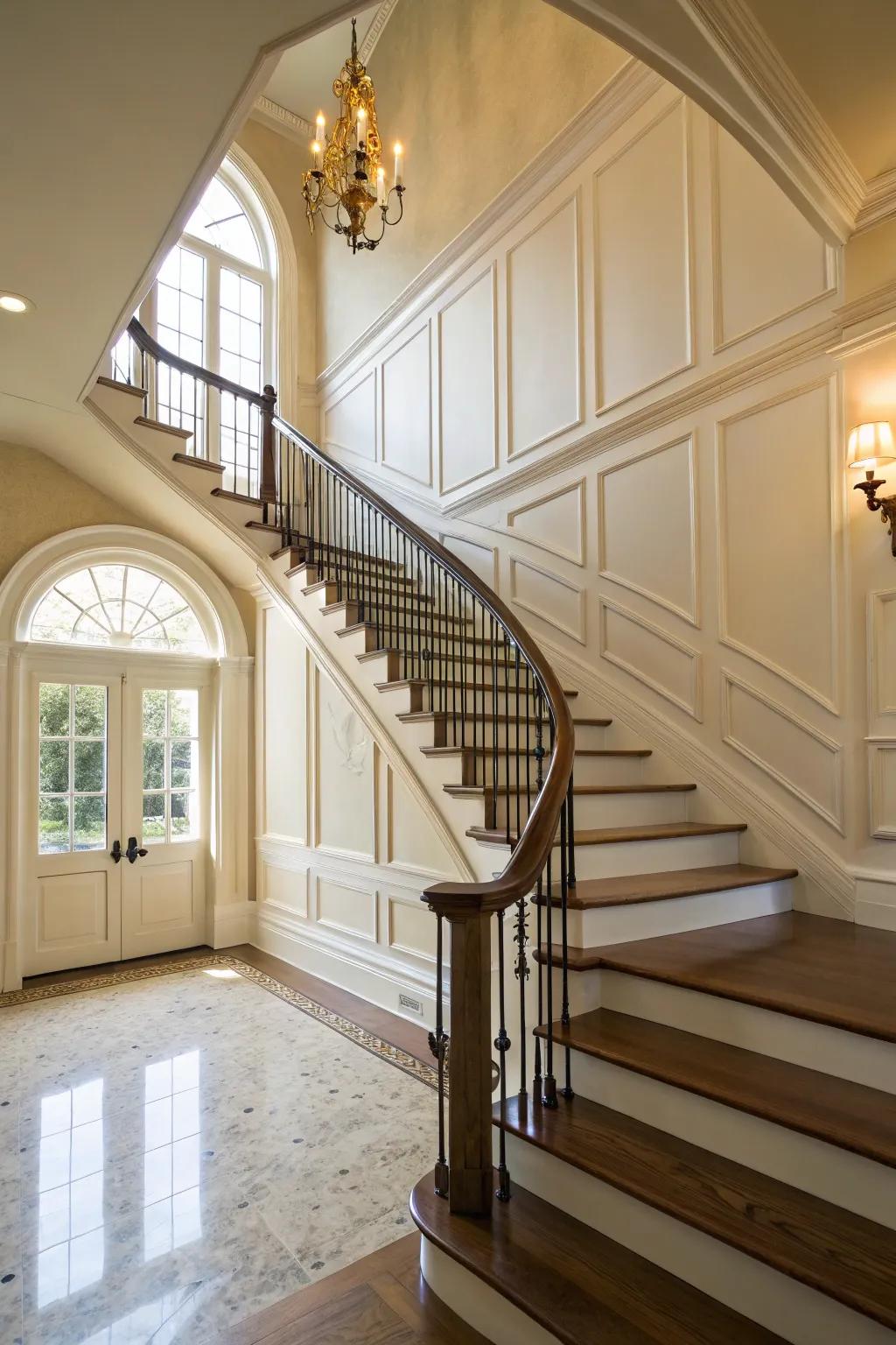 Wall trim along the stairwell creates a unified, elegant flow.