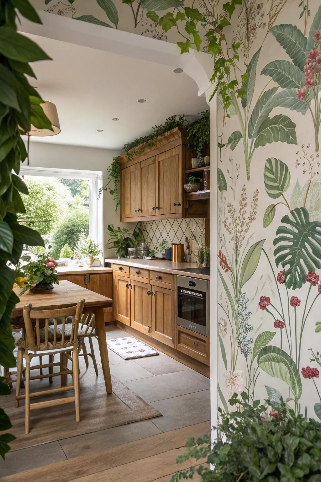 Nature-inspired wallpaper introduces a revitalizing accent to cooking areas.