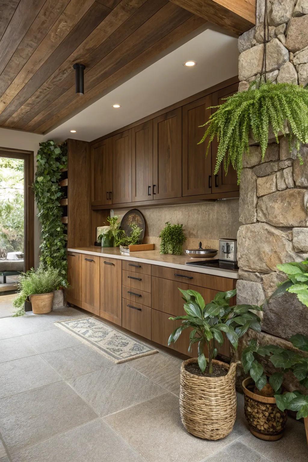 Natural aspects complement the coziness of pecan finish cabinets.