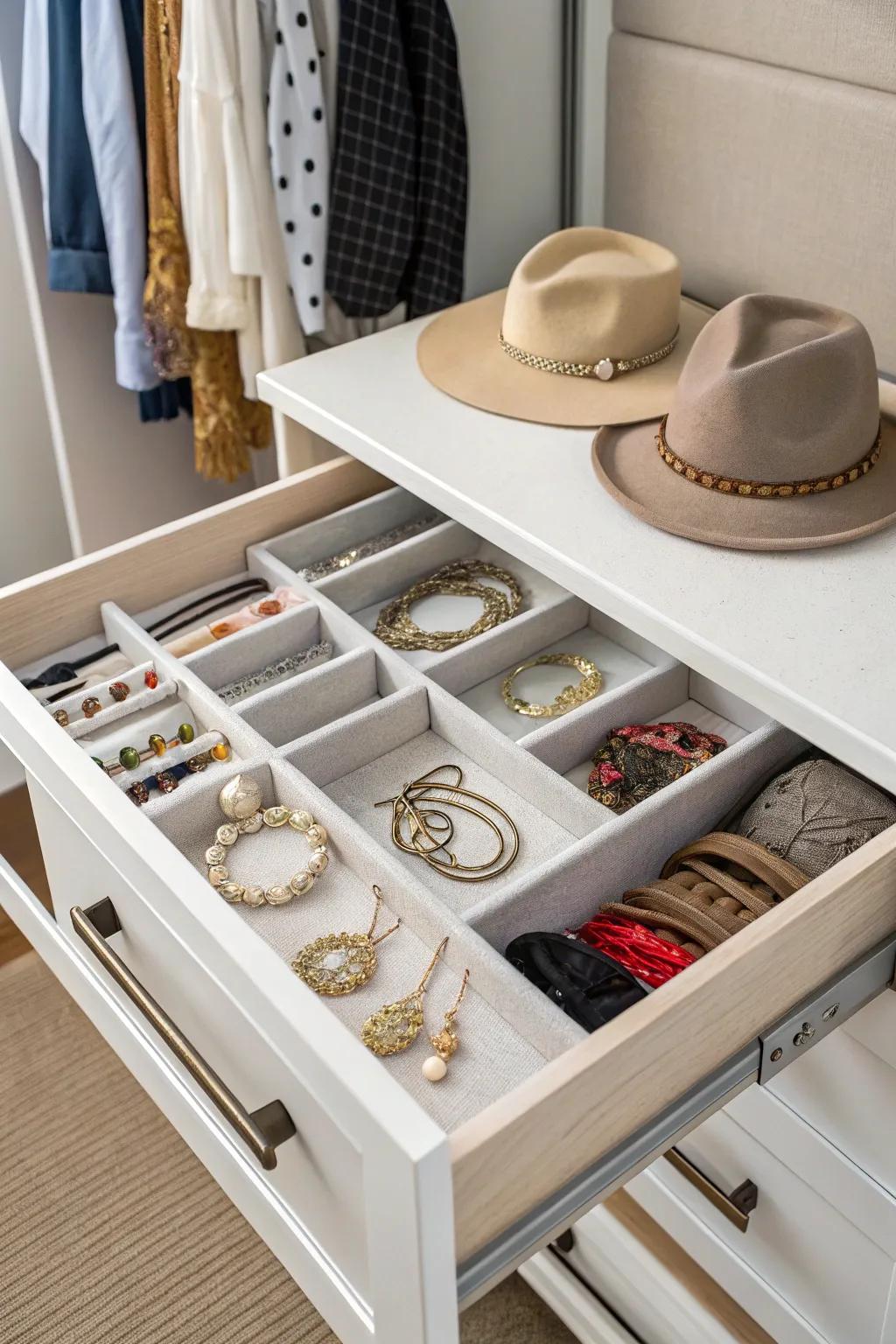 Drawers provide organized storage for small wardrobe essentials.