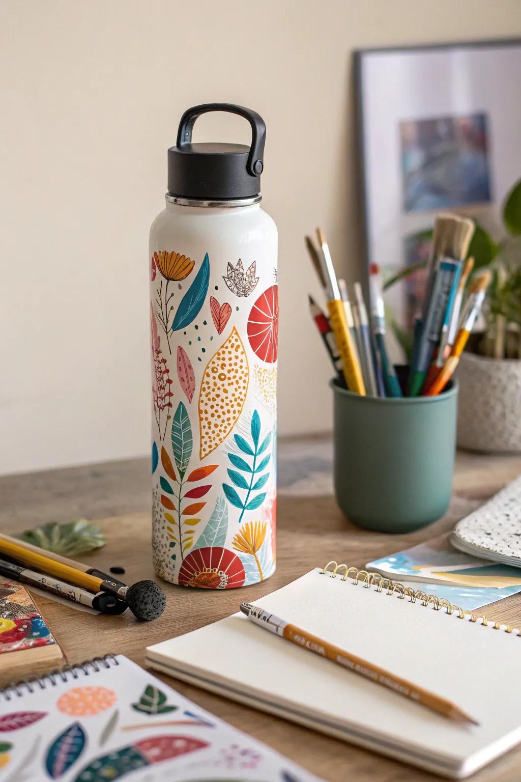 A hydration bottle embellished with vibrant, abstract collage artistry.