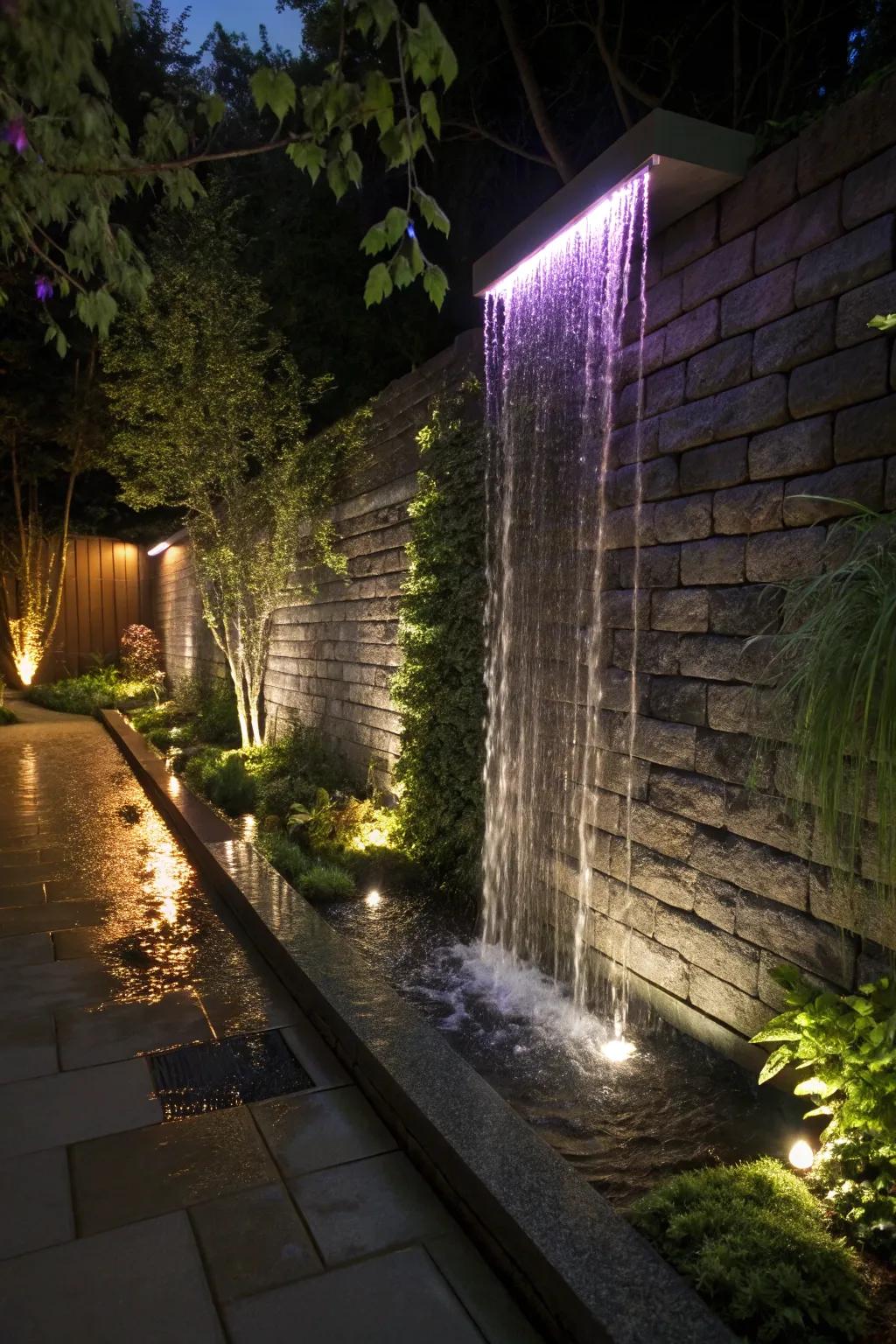 A rainfall curtain water feature delivers a contemporary and mesmerizing visual.