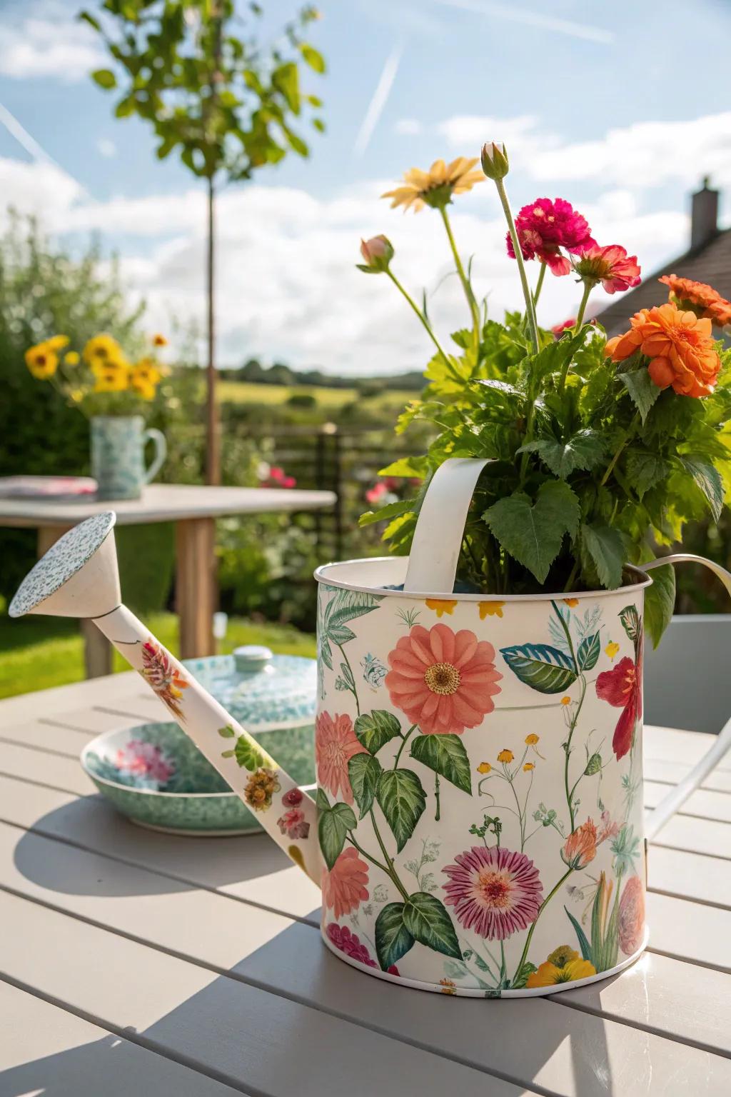 A watering can embellished with floral decoupage designs.