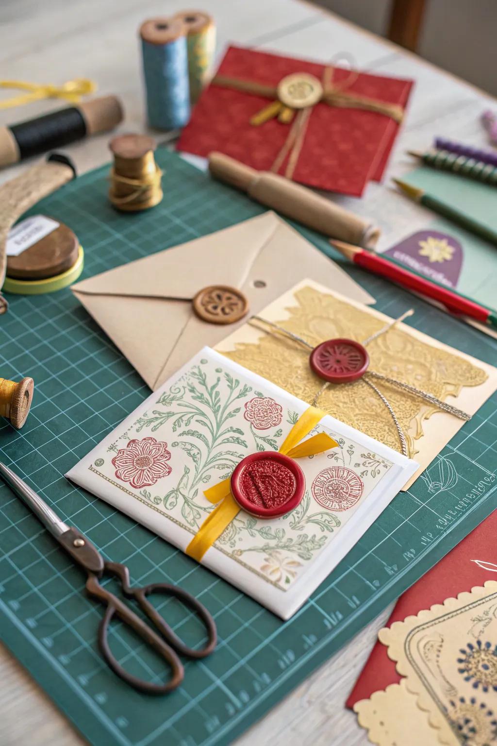 Handmade cards featuring wax seals, adding a touch of elegance to your heartfelt creations.