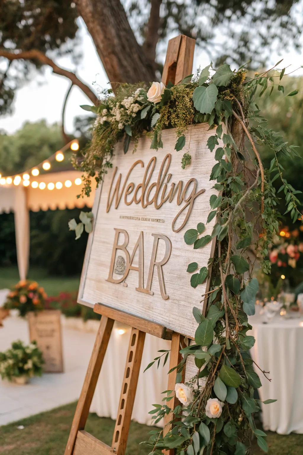 A bar sign with nature-inspired designs for an outdoor wedding.