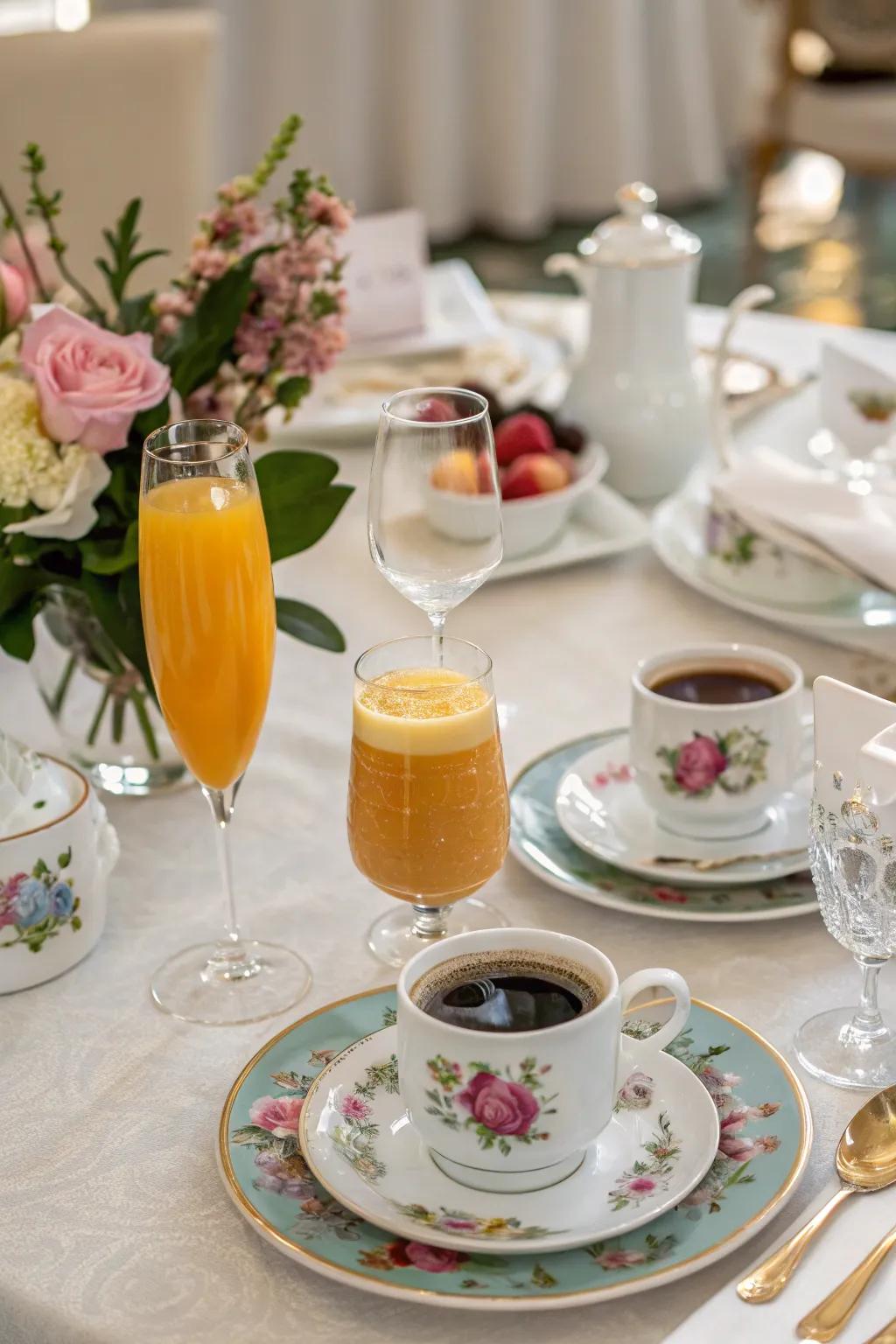 A refreshing assortment of drinks beautifully presented for a wedding breakfast.