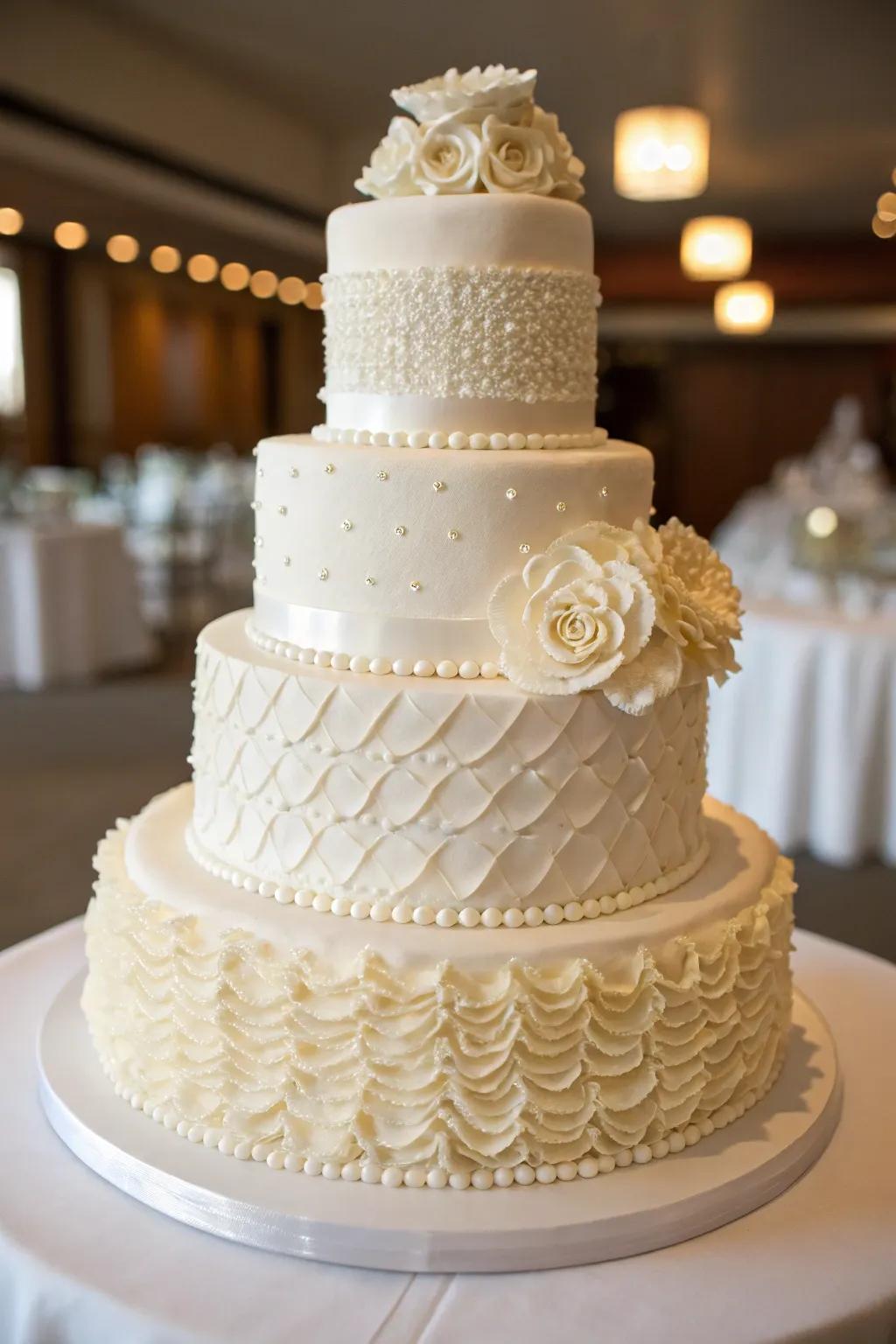A wedding cake with structured layers for incorporated dimension.