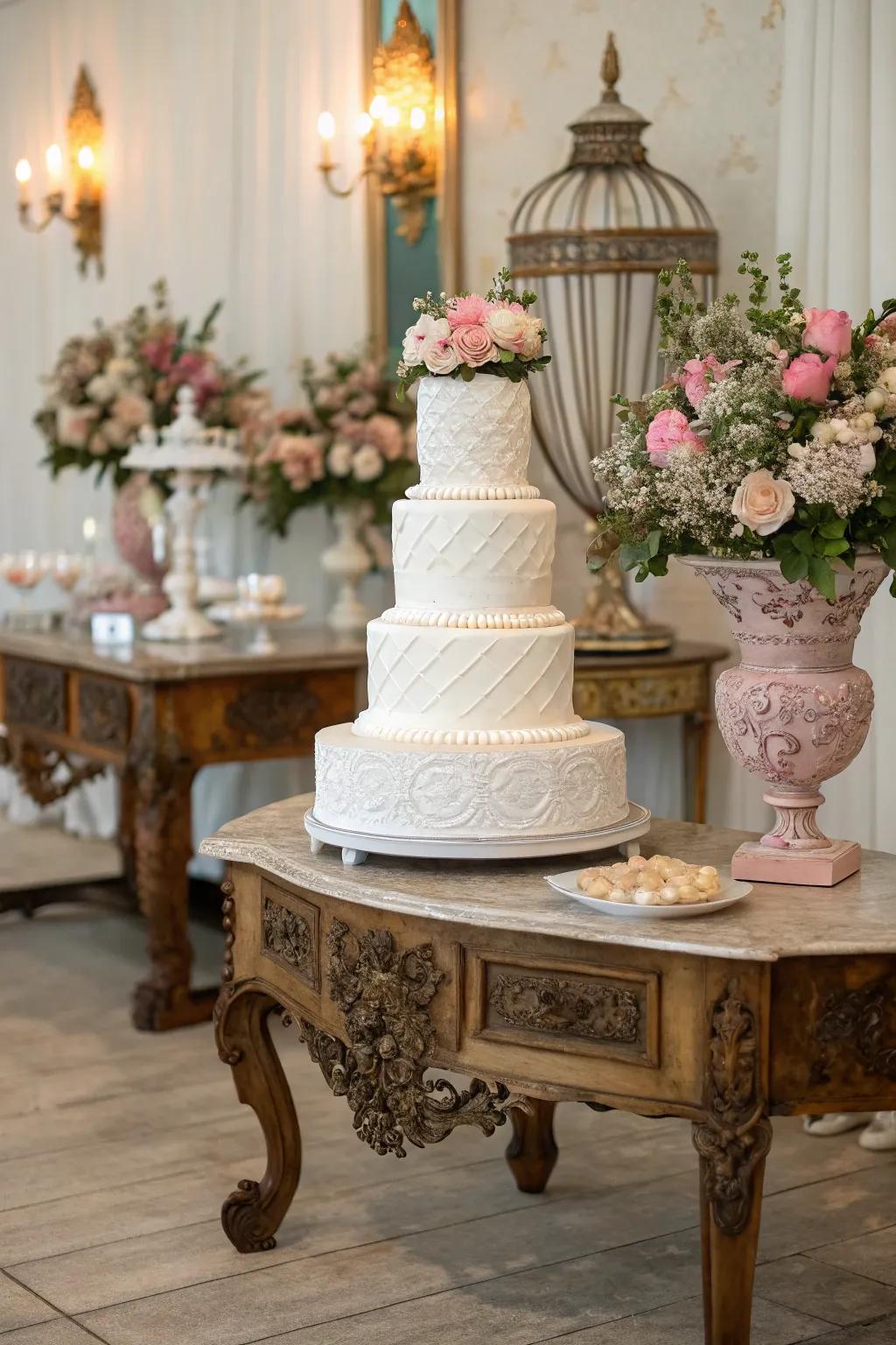 Furniture of past times infuses a nostalgic elegance into the cake display.