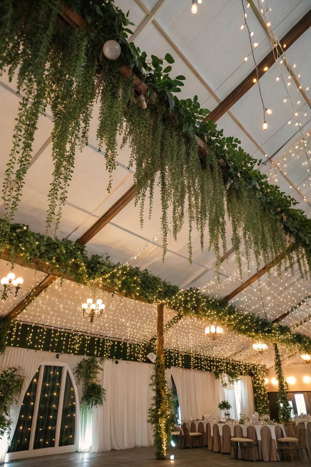 A wedding venue ceiling beautifully decorated with hanging greenery and lights, which makes an immersive atmosphere.