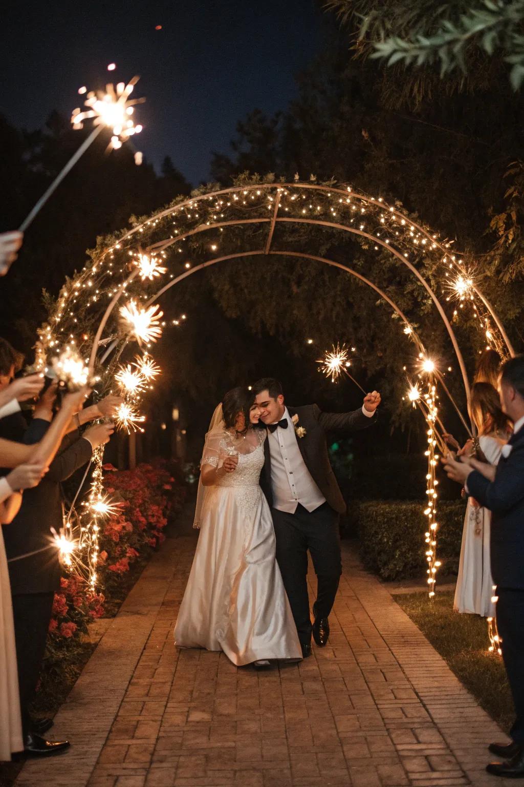 Guests fashion a sparkling passageway, illuminating the route for the wedding duo's entrance.
