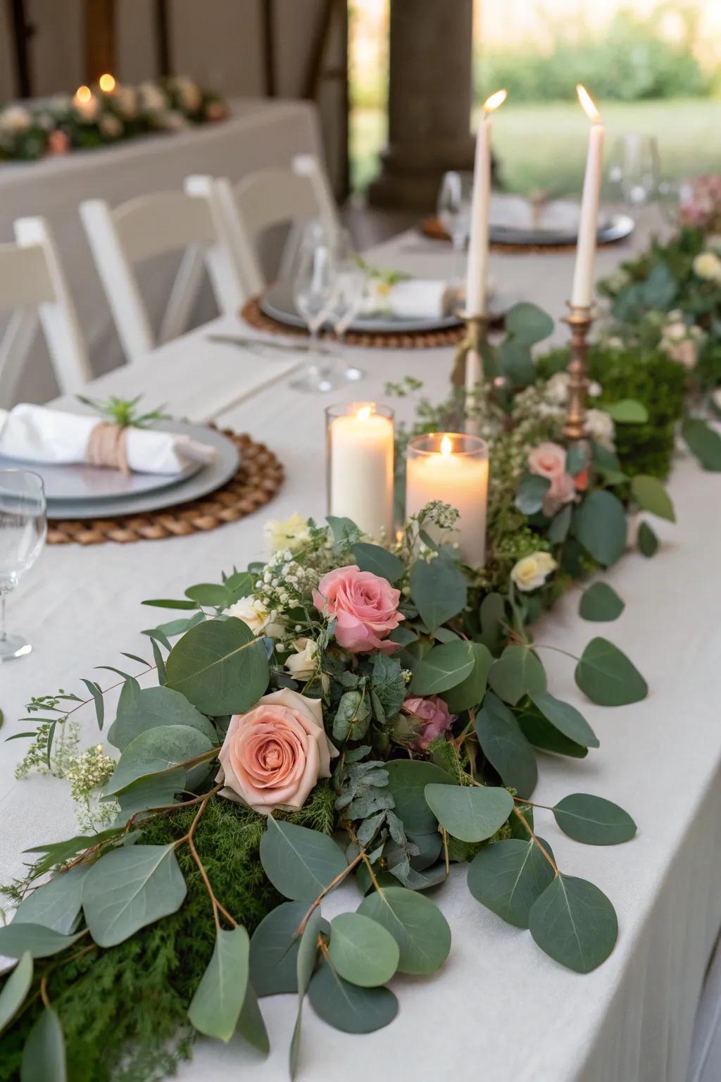 Lush table garlands with eucalyptus and roses