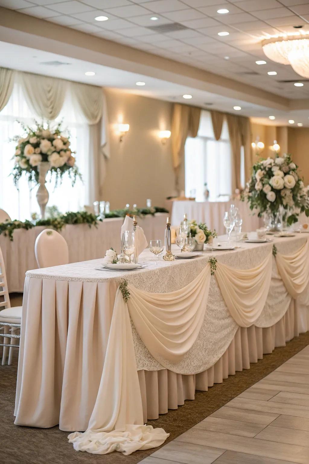 Delicate cloth drapery adding elegance to the head table.
