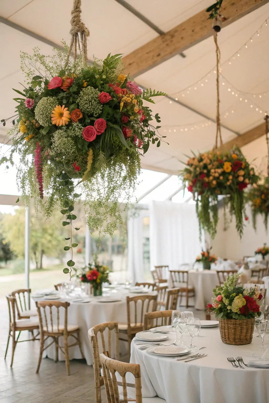 Suspended decorations create a stunning and unexpected focal point.