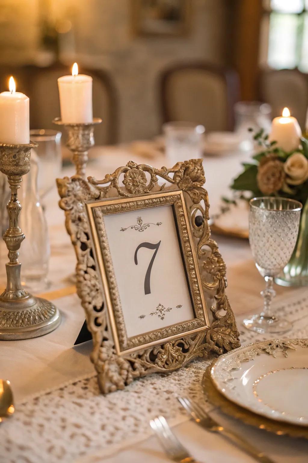 The wedding tables have a nostalgic charm because to the antique frames.